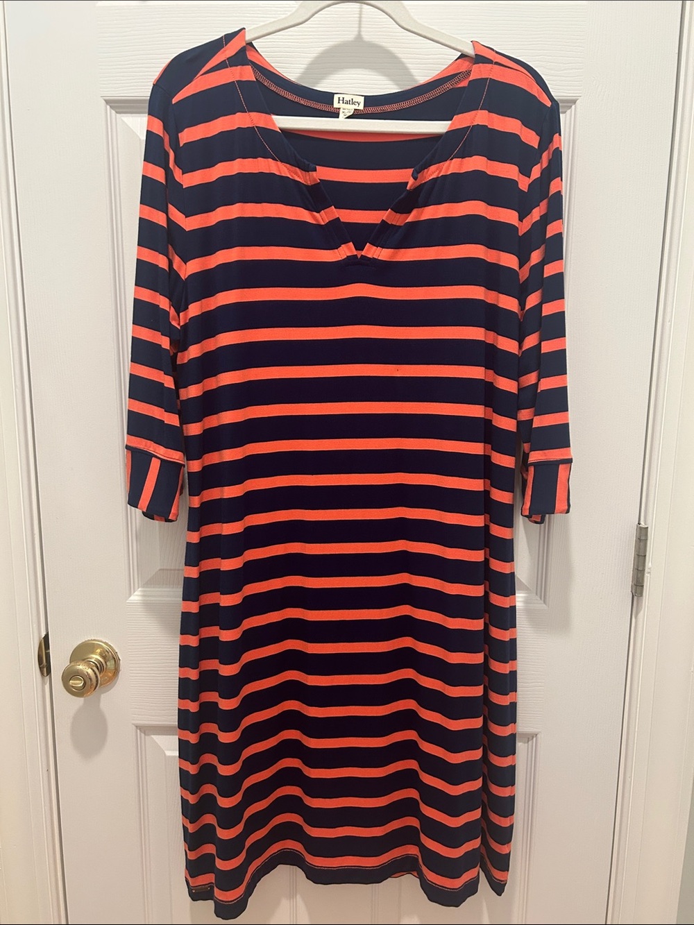 Hatley Navy and Coral Striped V-Neck Long Sleeve Dress